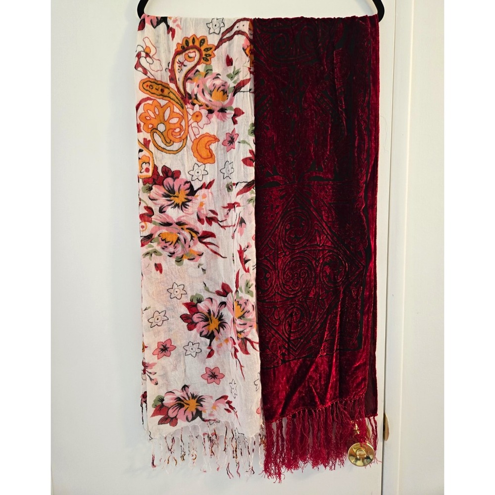 Set of 2 Womens Multicolor Floral & Red Velvet Scarves W/ Fringe Accents